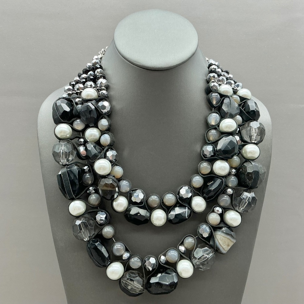 Chico's Necklace Womens Black Gray Faux Pearl Beaded Multi Strand Bib Statement